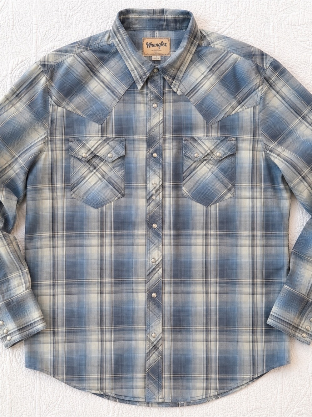 Wrangler Men’s Large Blue Plaid Pearl Snap Western Cowboy Shirt Cotton Rodeo